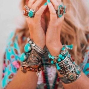 Turquoise and Silver Bohemian Bracelet Set
